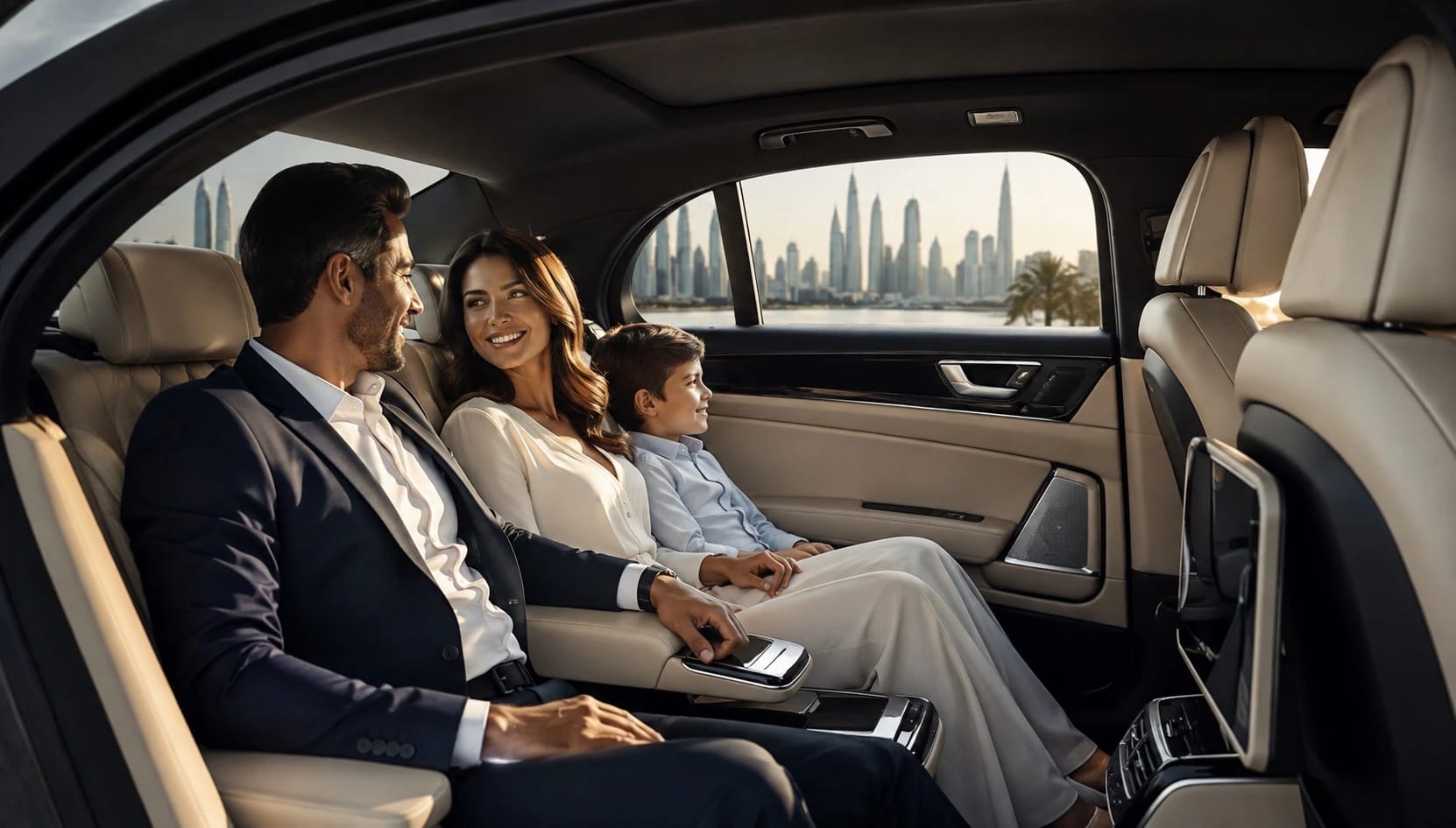 A family travelling together in the back of a privately booked car